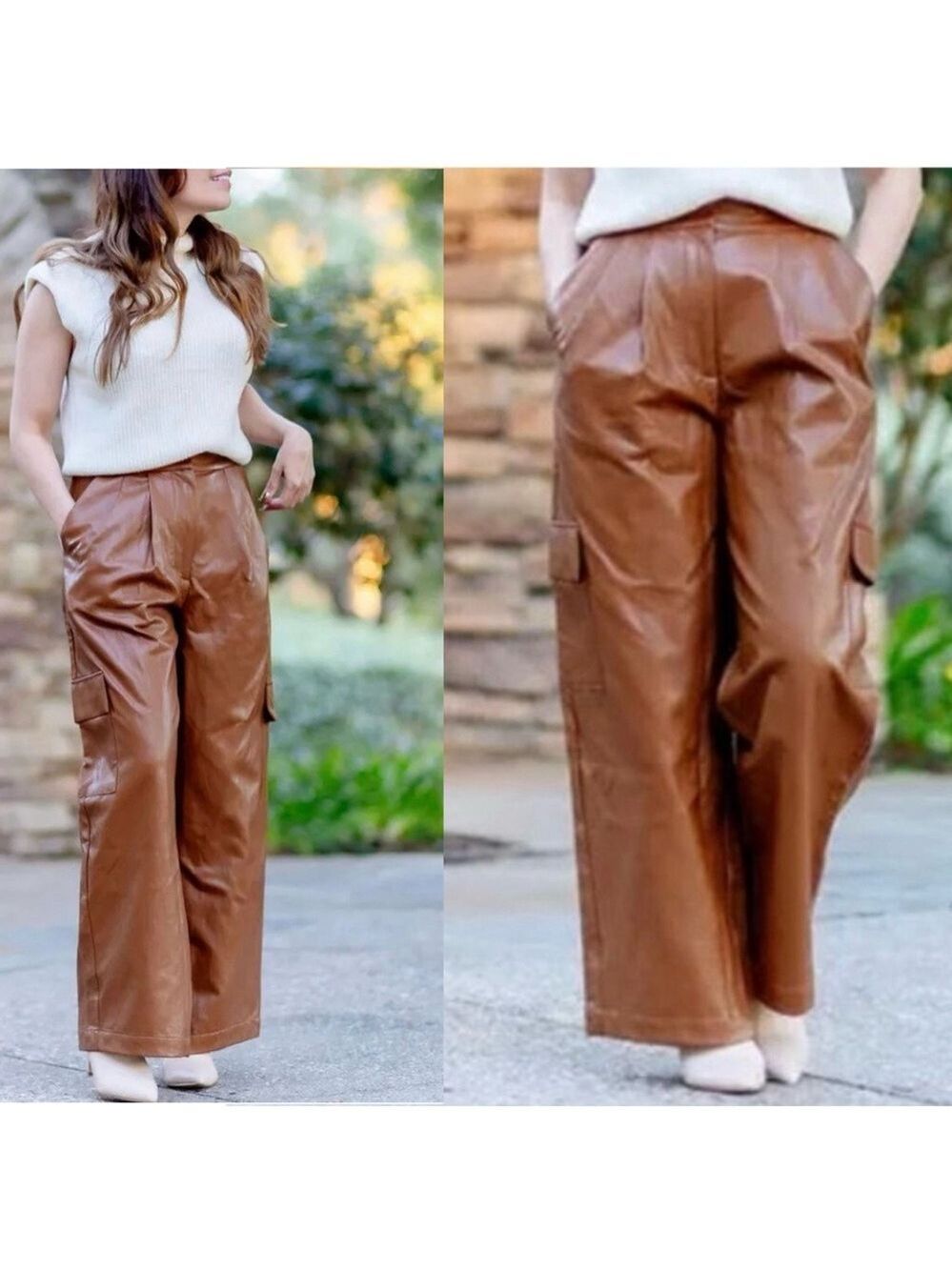 Anthropologie Twentysixhundred Brown faux leather cargo utility wide leg pants